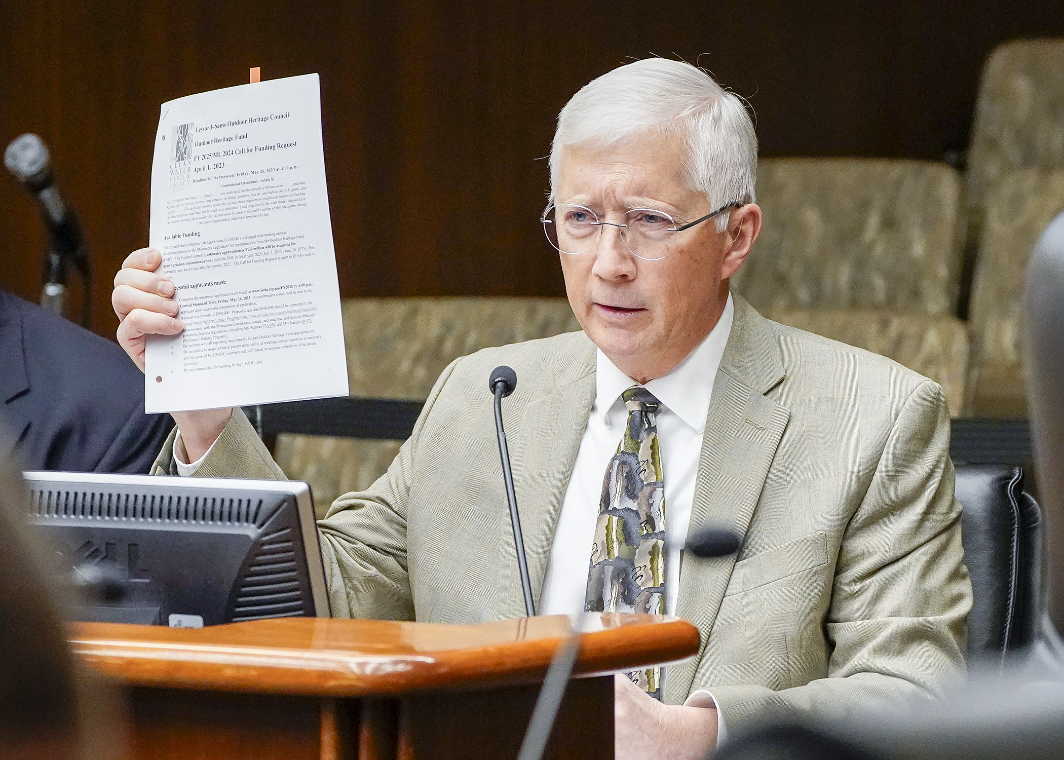 Mark Johnson, executive director of the Lessard-Sams Outdoor Heritage Council, testifies before the House Legacy Finance Committee Wednesday during discussion of the council’s funding recommendations. (Photo by Andrew VonBank)